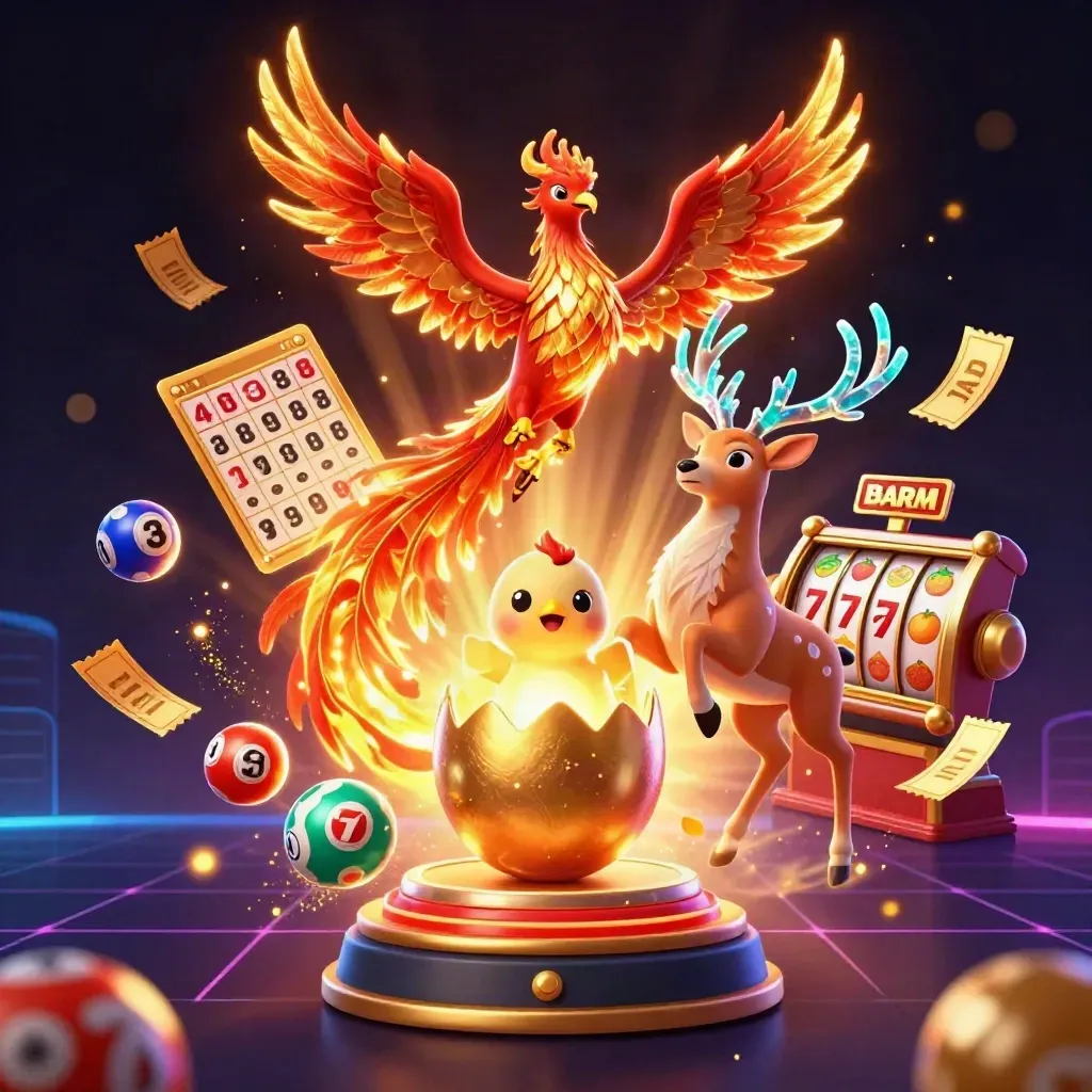 Phoenix, hatching egg, and crystal stag amid casino reels, balls, and glowing gold effects.