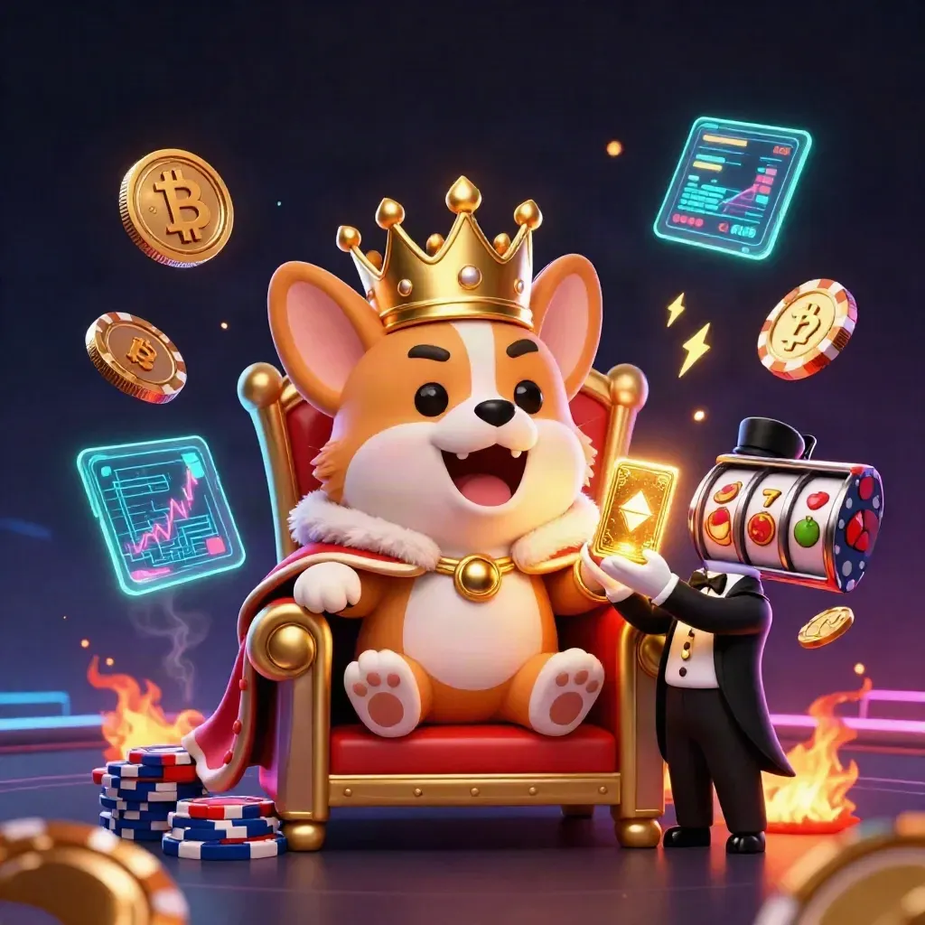 Royal corgi and cat butler amid casino coins, reels, lightning, and glowing neon effects.