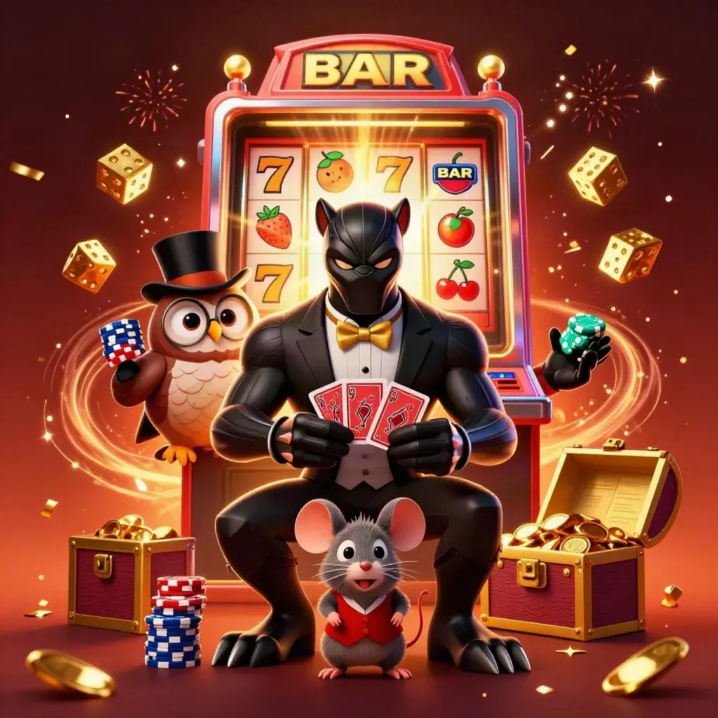 Panther, owl, and mouse pose amid a bursting slot machine, gold coins, and fiery casino glow.