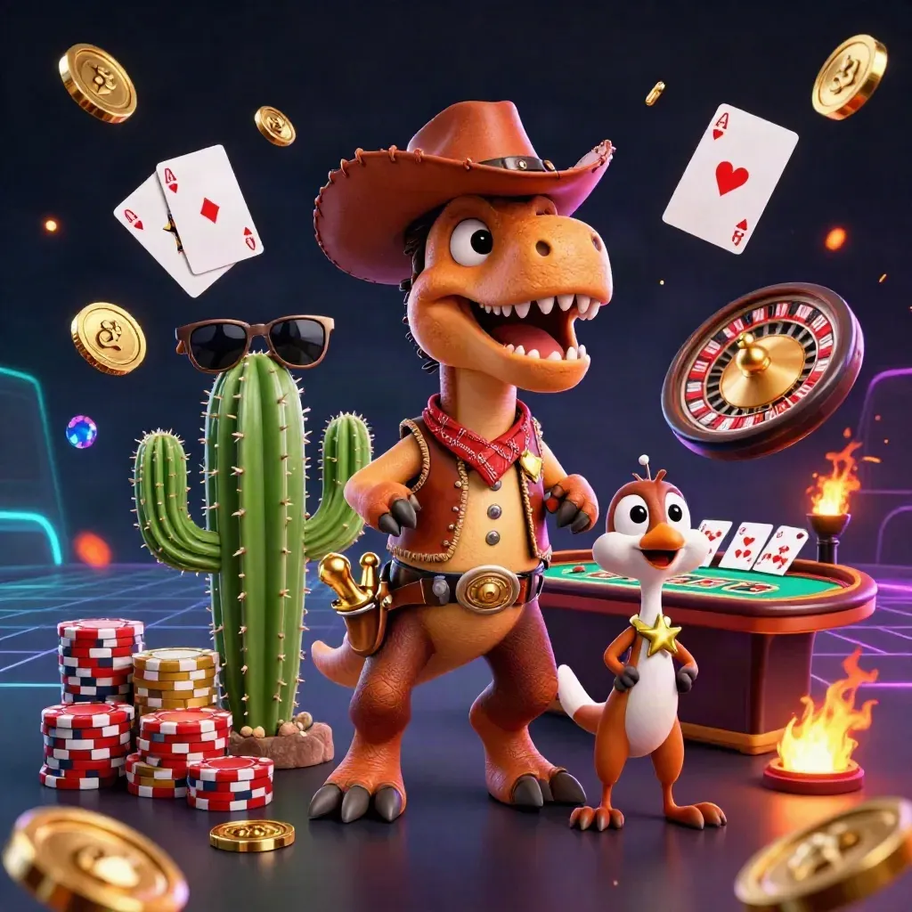 Cowboy T-Rex, cactus sidekick, and roadrunner amid casino chips, coins, and a spinning roulette wheel.