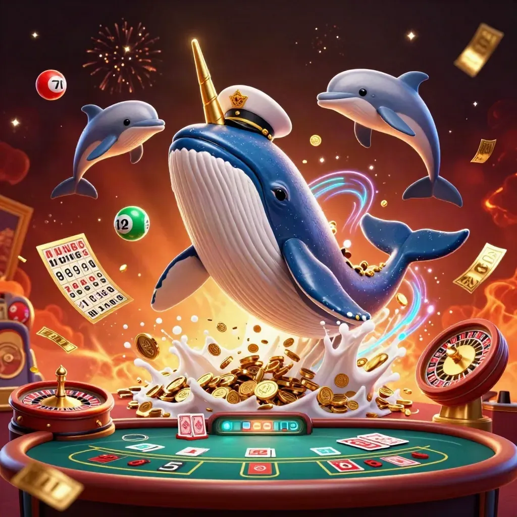 Captain whale, narwhal, and dolphins amid casino coins, sparks, and glowing game props.