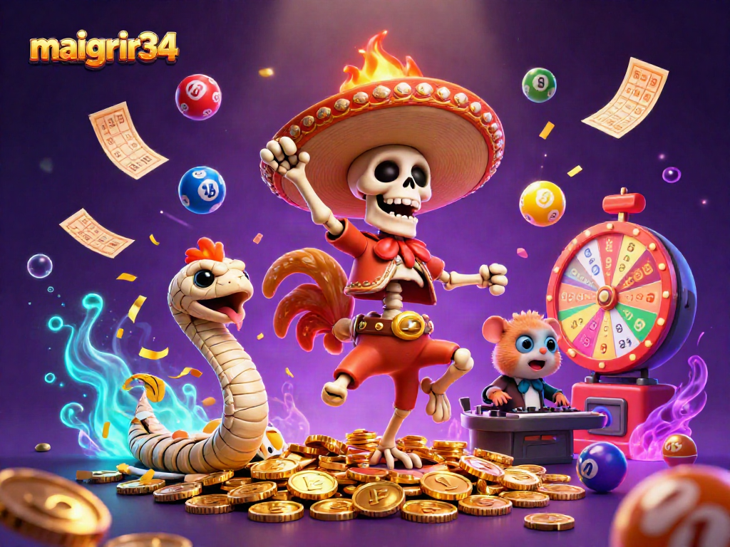 Maigrir34 propose une expérience de jeu immersive avec des personnages animés au cœur d'une célébration de gains.