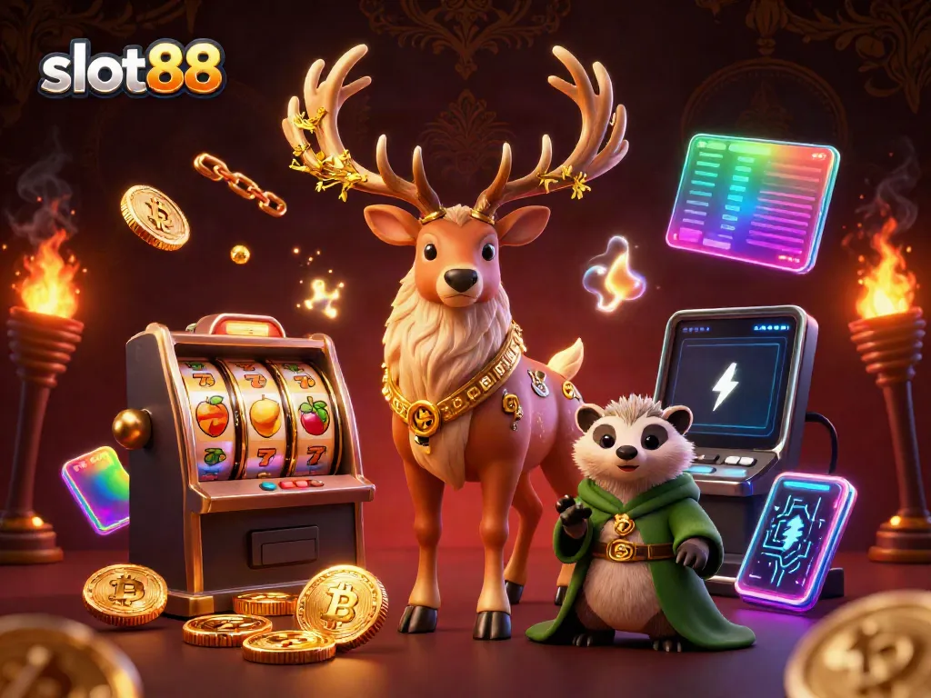 Slot88 menghadirkan suasana kasino dengan karakter menarik dalam ilustrasi 3D yang detail.