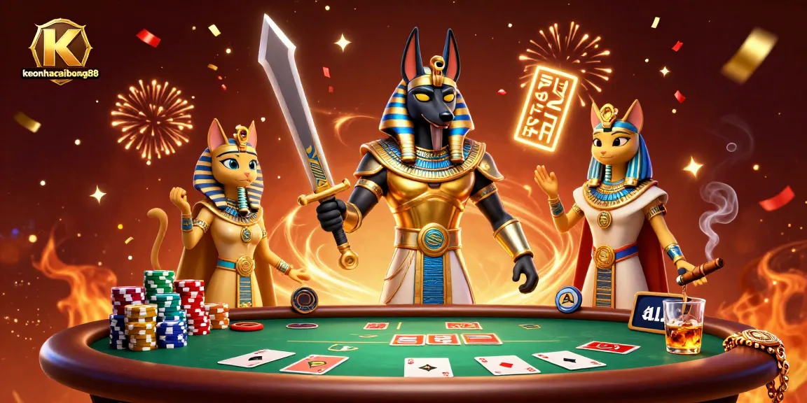 Engage with keonhacaibong88 at a vibrant poker tournament illustration featuring Anubis and Bastet.
