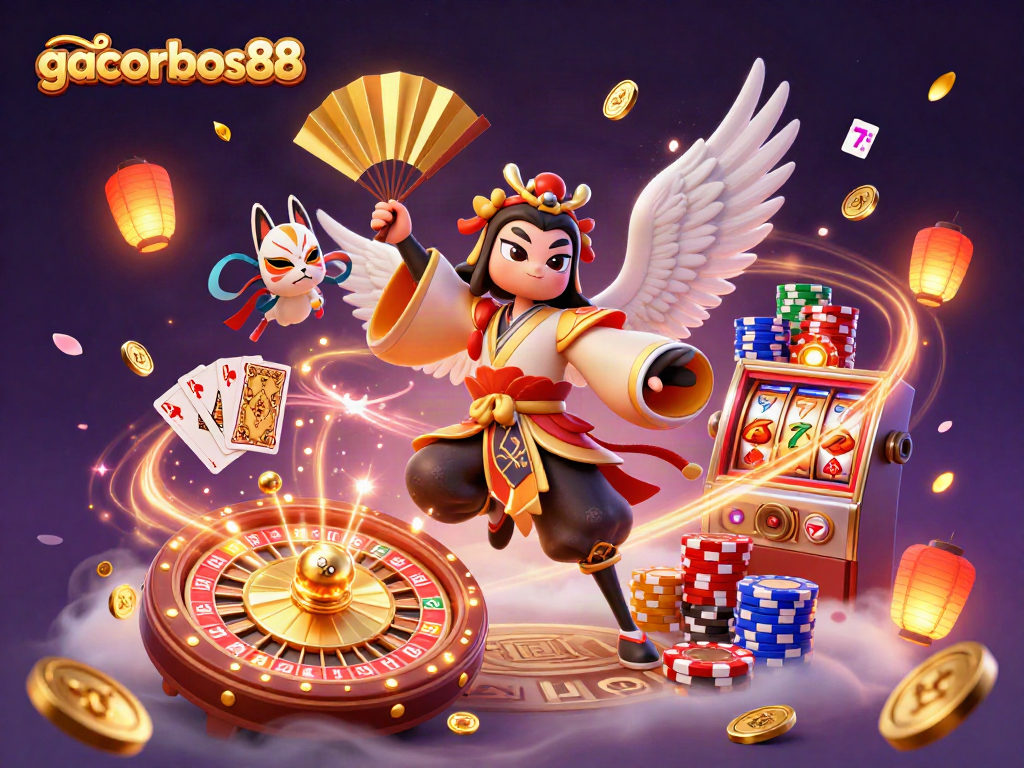 Experience dynamic gameplay with gacorbos88 featuring vibrant 3D illustrations of kabuki warriors and casino elements.