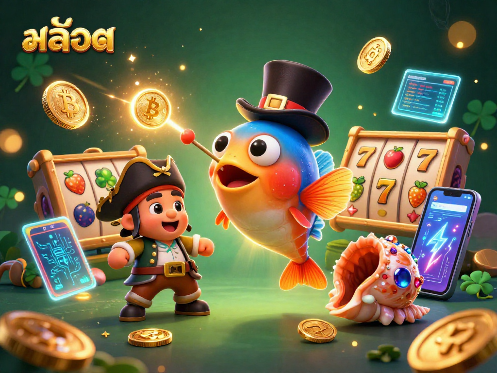 Engaging สล็อต casino illustration with fun underwater characters and bright slot elements.