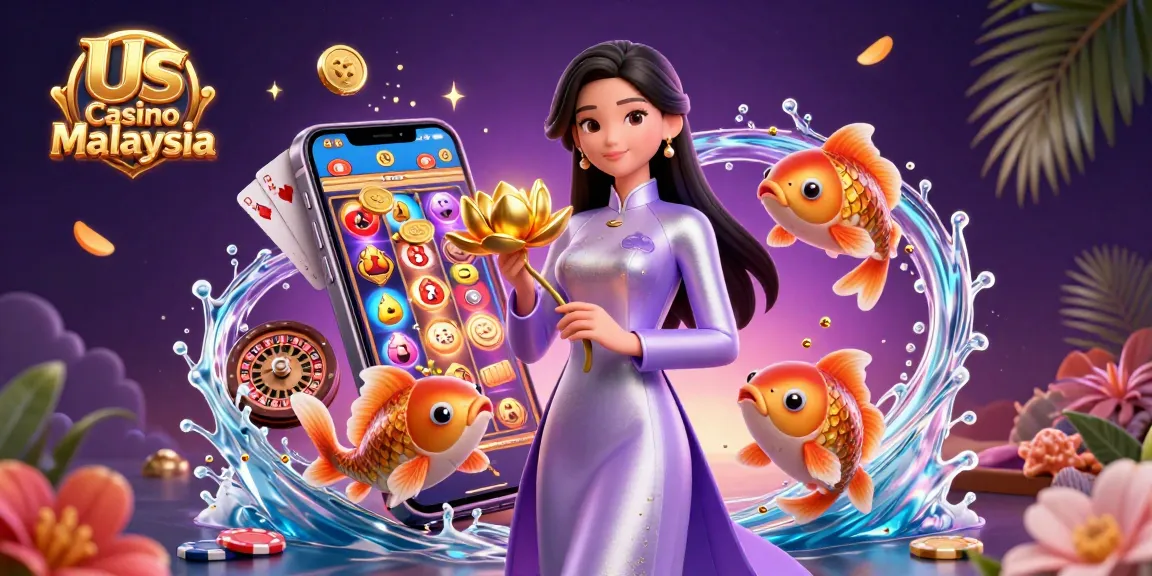 Immerse in Us Casino Malaysia with a stunning illustration of slot and live games, featuring vibrant Asian themes.