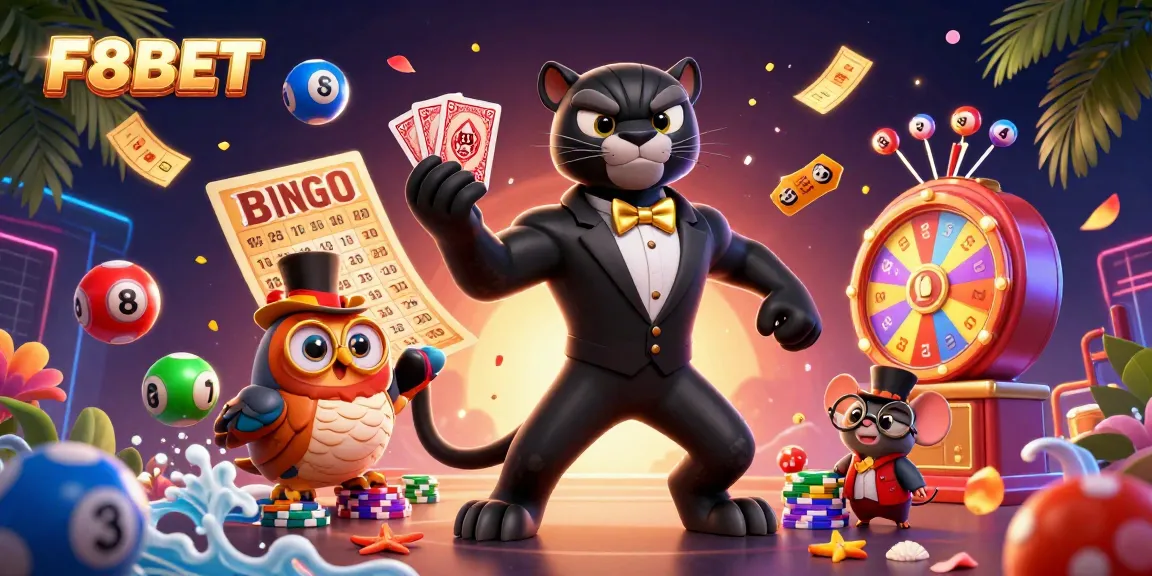 F8BET showcases a lively 3D casino scene with a stylish black panther dealing cards, adding excitement to gaming.