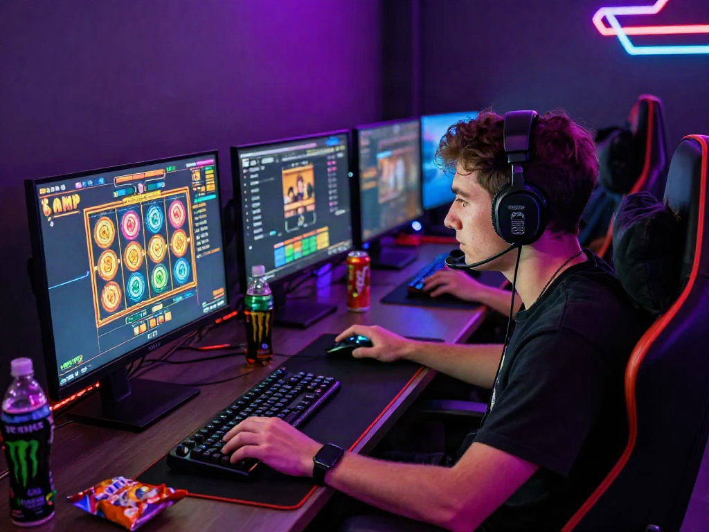 Player engaging with slot95 gaming on a vibrant computer setup surrounded by LED lighting