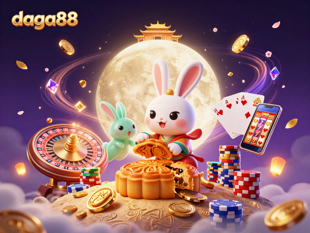 Daga88 brings excitement to cockfighting with animated moon rabbits revealing poker chips in a magical casino scene.