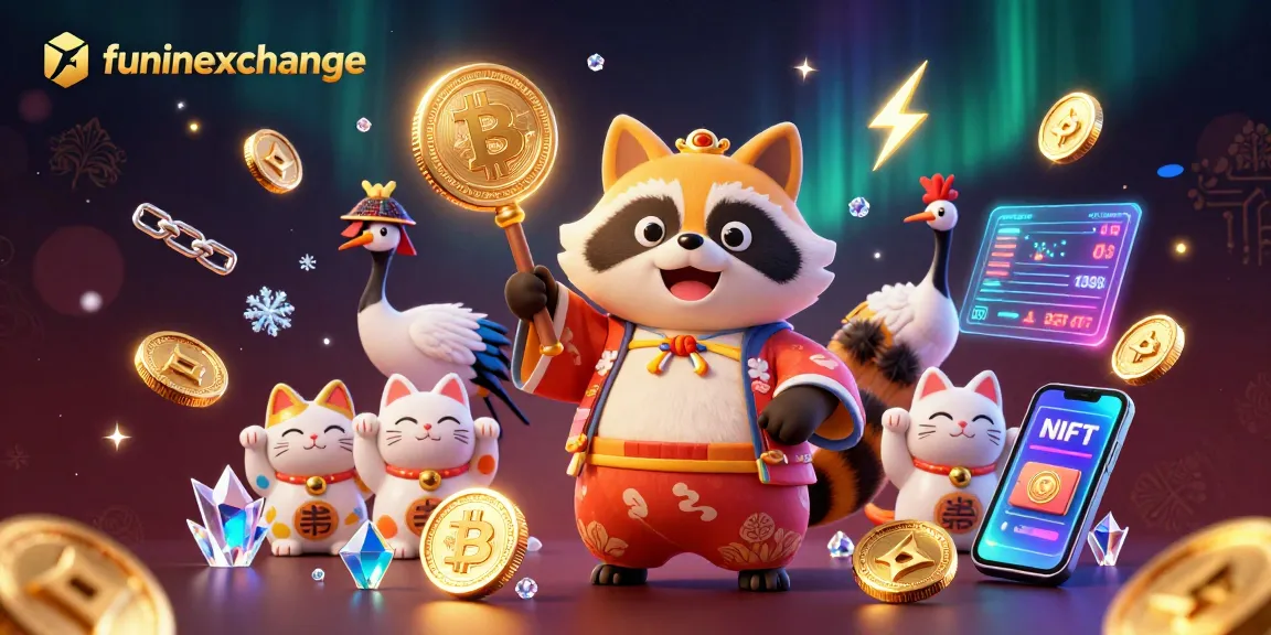 Experience the excitement of funinexchange with a 3D illustration showcasing a cheerful raccoon in a festival outfit.