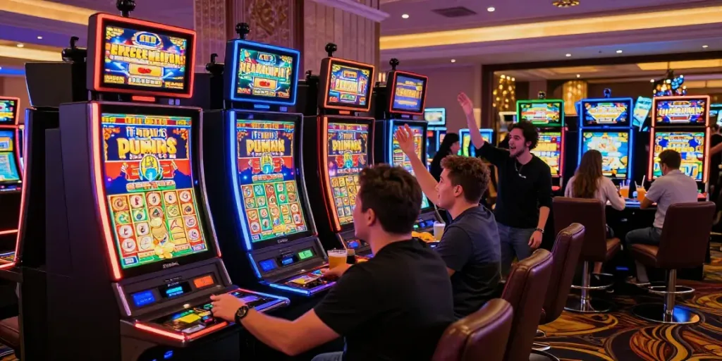 Exciting slot888 gaming experience in a lively casino environment with players celebrating jackpots and vibrant decor.