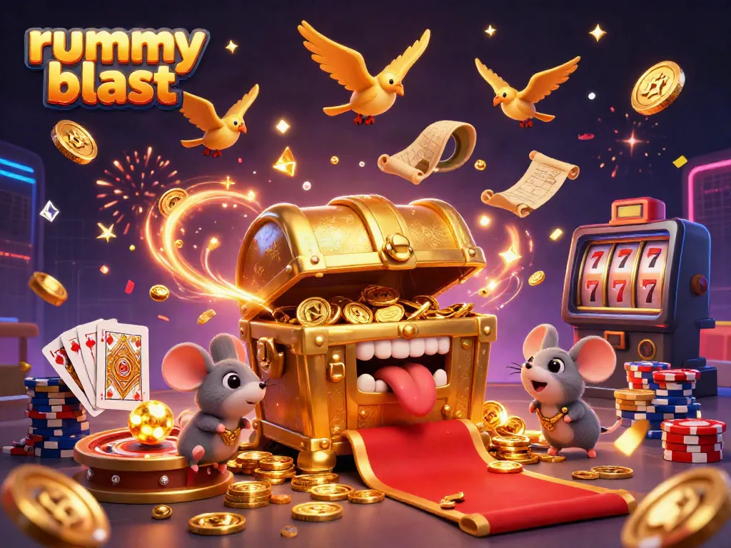 Experience thrilling gameplay in Rummy Blast with dynamic treasures, cards, and chips.