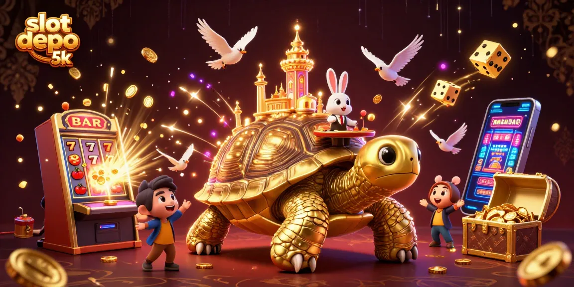 Experience the excitement of slot depo 5k with vibrant visuals featuring golden coins, jackpots, and casino elements.