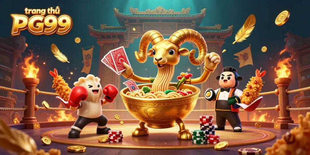 Engage with the vibrant scene at trang chủ PG99, featuring fun casino-themed characters and elements.