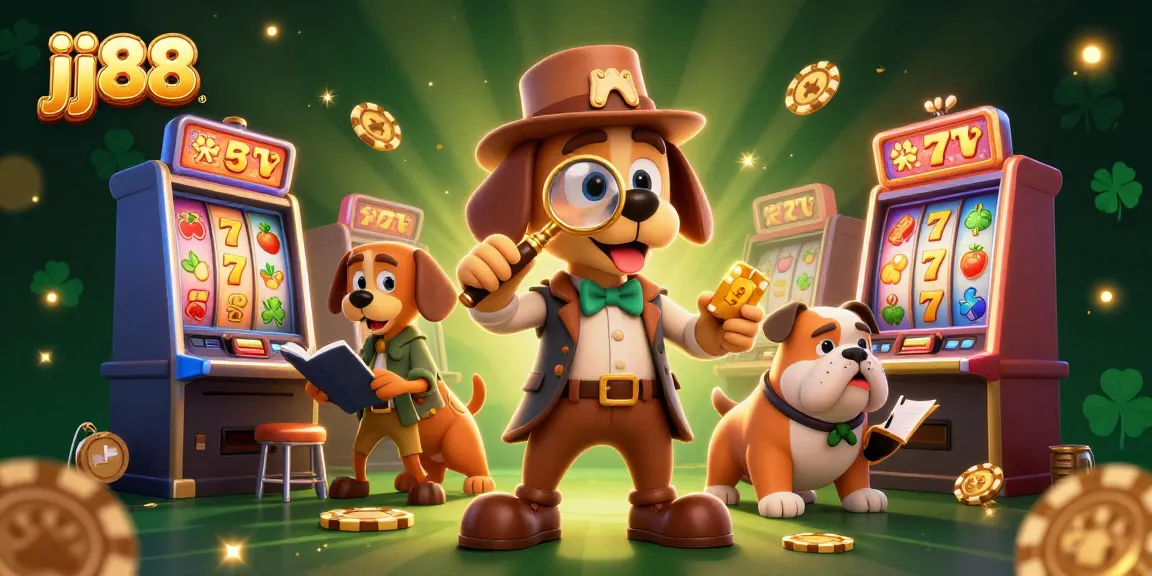 Engage with jj88's vibrant casino art featuring a bloodhound detective uncovering a slot machine jackpot.