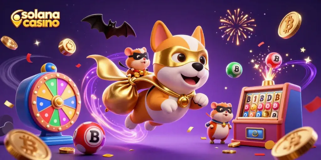Experience the thrill of a solana casino with a superhero dog and hamster against a vibrant, energetic backdrop.