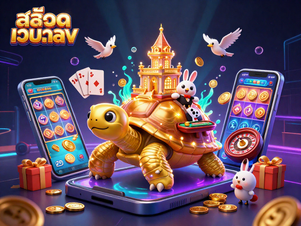Engage in thrilling สล็อตเว็บตรง gaming as vibrant slot reels, golden coins, and a whimsical casino palace create excitement.