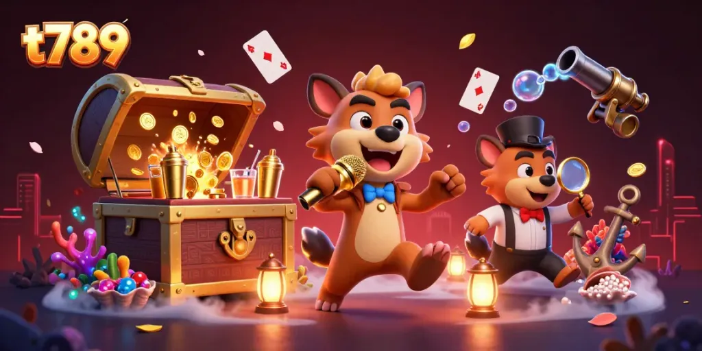 Experience the excitement of t789 with hyenas running a comedy casino club, surrounded by vibrant game elements and glamorous treasures.