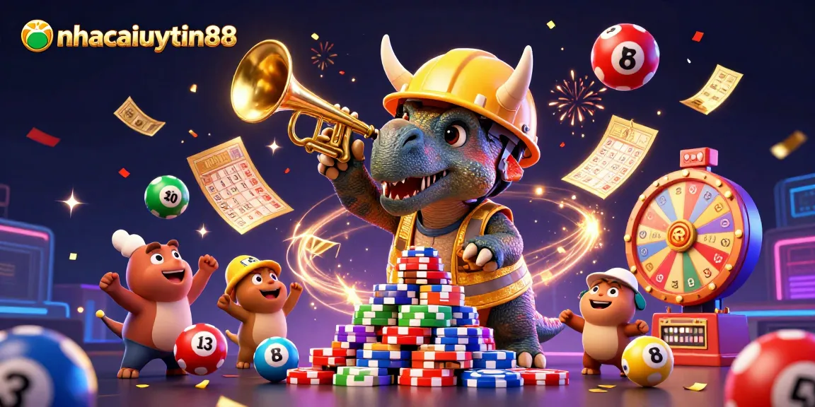 Engage with nhacaiuytin88 in an exciting 3D cartoon casino scene featuring vibrant game elements and characters.