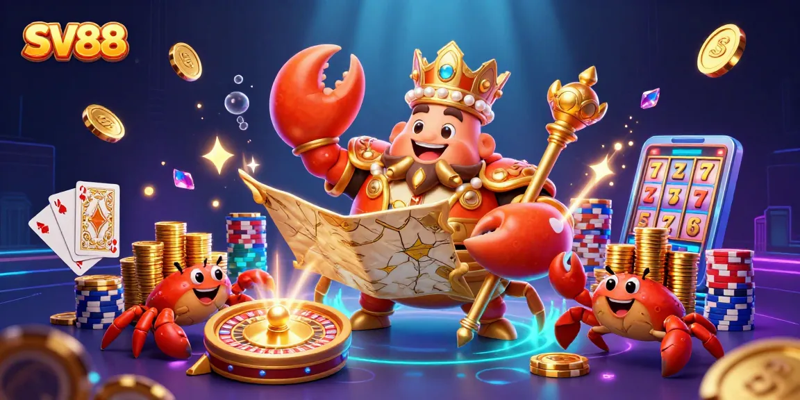 Win big with SV88's sparkling casino scene featuring a golden crab emperor and shimmering treasures.