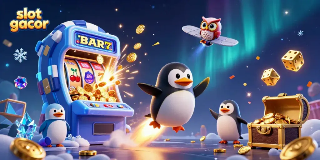 Gambar slot gacor yang menunjukkan penguin emas bertenaga roket menuju stasiun kasino dengan mesin slot meledak.
