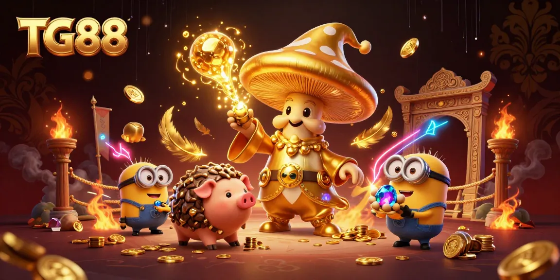 Experience thrilling wins with TG88, featuring a golden mushroom wizard surrounded by treasure.