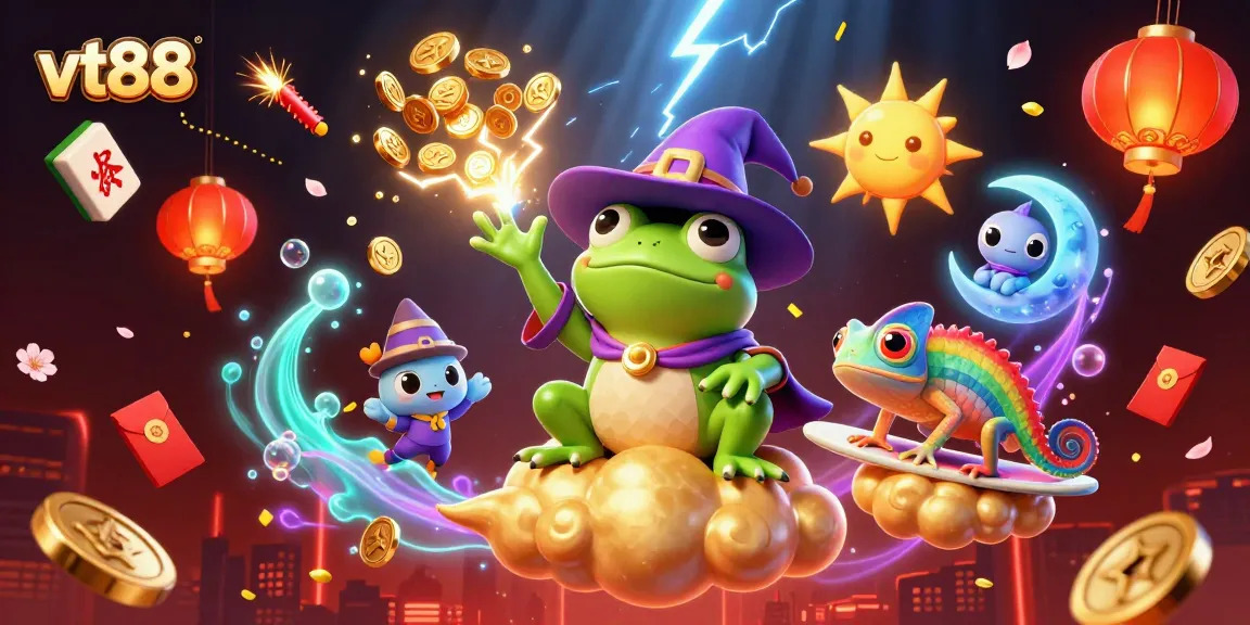 vt88 brings excitement as a weather wizard frog conjures golden coins in this vibrant casino scene.