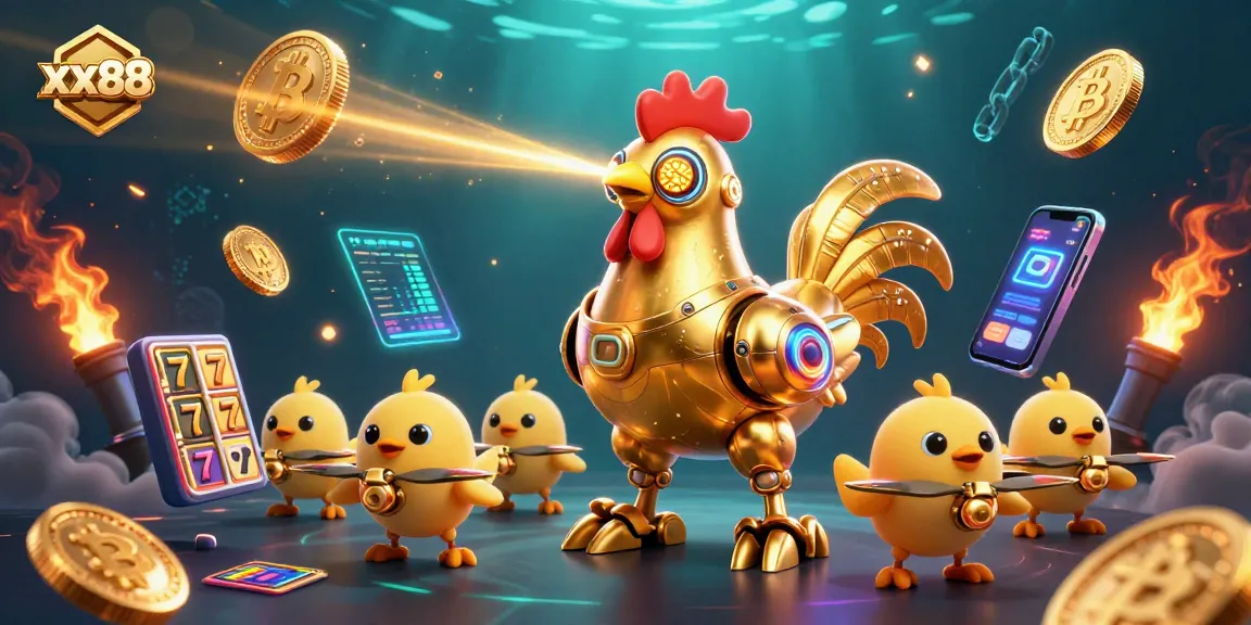 Engage in thrilling xx88 slots with stunning golden rooster and drones amidst neon crypto graphics.