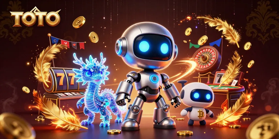 TOTO menampilkan robot futuristik, drago holografik, dan drone dengan koin emas dalam suasana kasino yang dinamis.