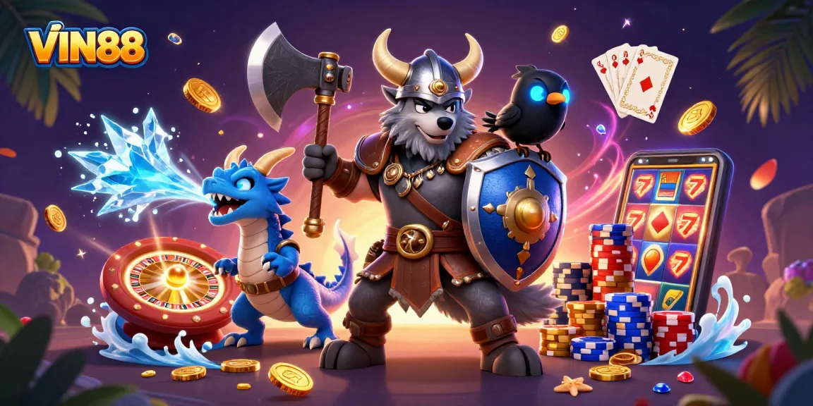 Experience the excitement of VIN88 gaming with a vibrant 3D casino scene, showcasing epic characters and thrilling elements.