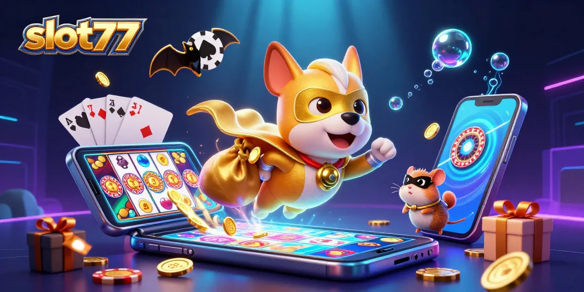Experience slot777 action with a superhero dog, coins, and a colorful slot game burst!