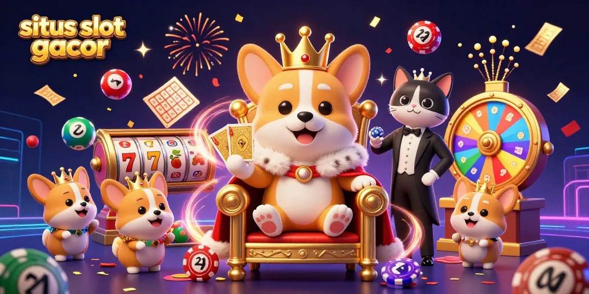 Experience the excitement of situs slot gacor with a vibrant 3D illustration of a corgi on a throne of poker chips.