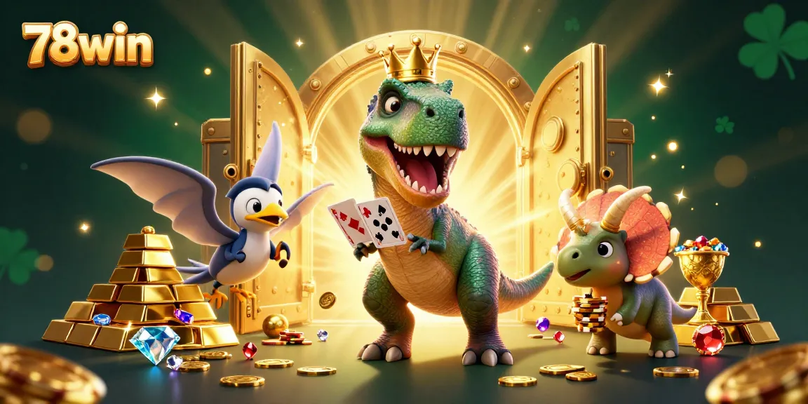Experience thrilling gaming at 78win with a playful dinosaur-themed casino scene full of excitement.
