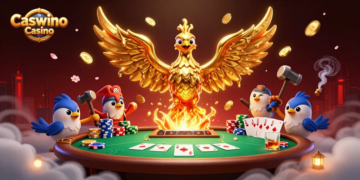 Experience the thrill of Caswino Casino with golden phoenix and poker gameplay elements in a vibrant atmosphere.