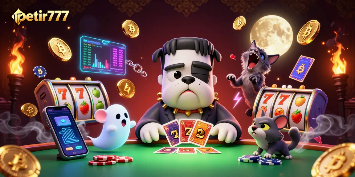 Experience thrilling games with petir777, a vibrant 3D illustration of a bulldog monster and characters dealing cards.