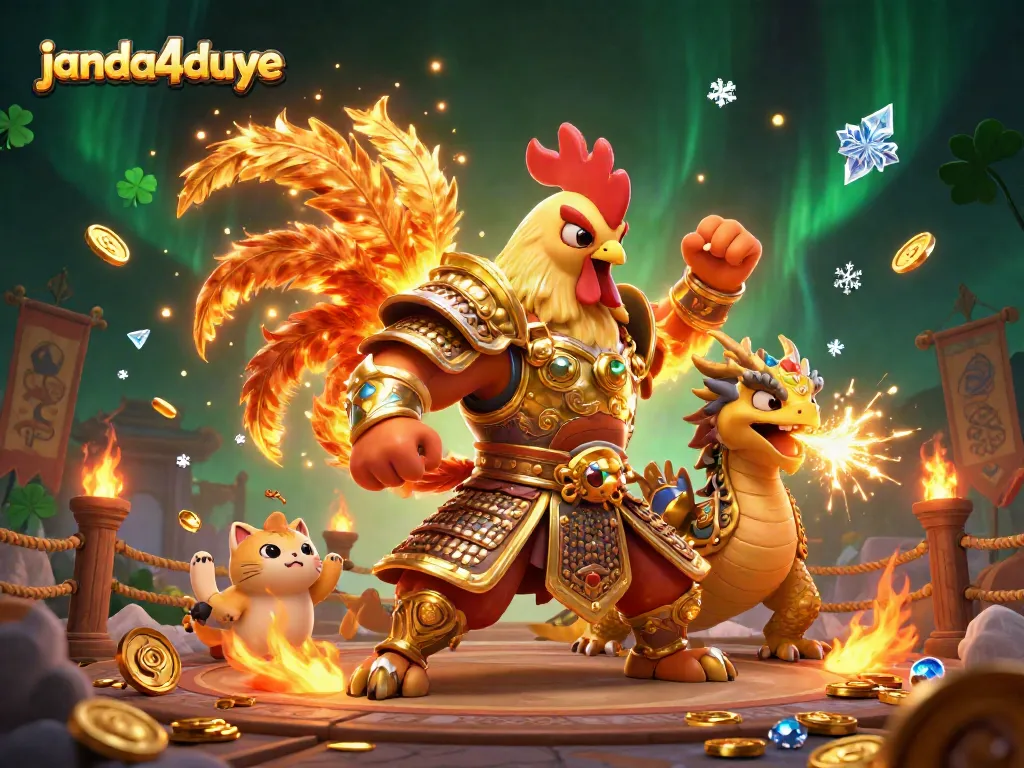 JANDA4DUYE menghadirkan gambar ilustrasi 3D permainan yang menarik, menampilkan karakter unik di arena pertarungan.