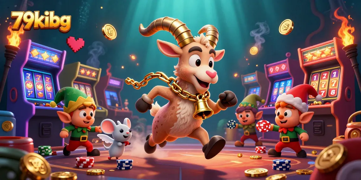 Experience thrilling casino adventures with 79kibg featuring Krampus and festive elves amidst slot machines.