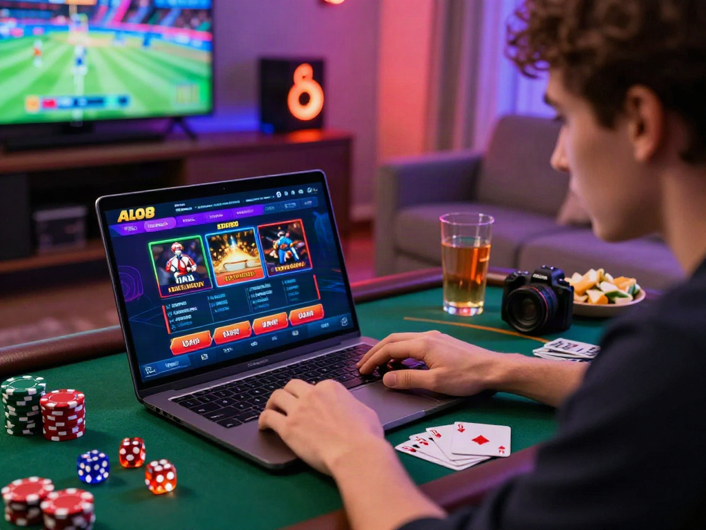 Young adult enjoying the ALO8 online gambling platform surrounded by gaming elements, creating an engaging atmosphere.