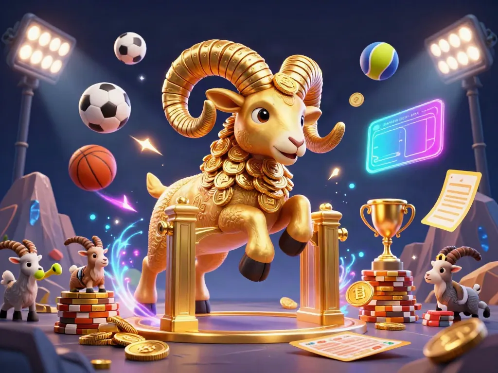 Experience the excitement of Rumble Rummy APK with a dynamic illustration featuring a golden ram charging at a golden gate surrounded by sports elements.