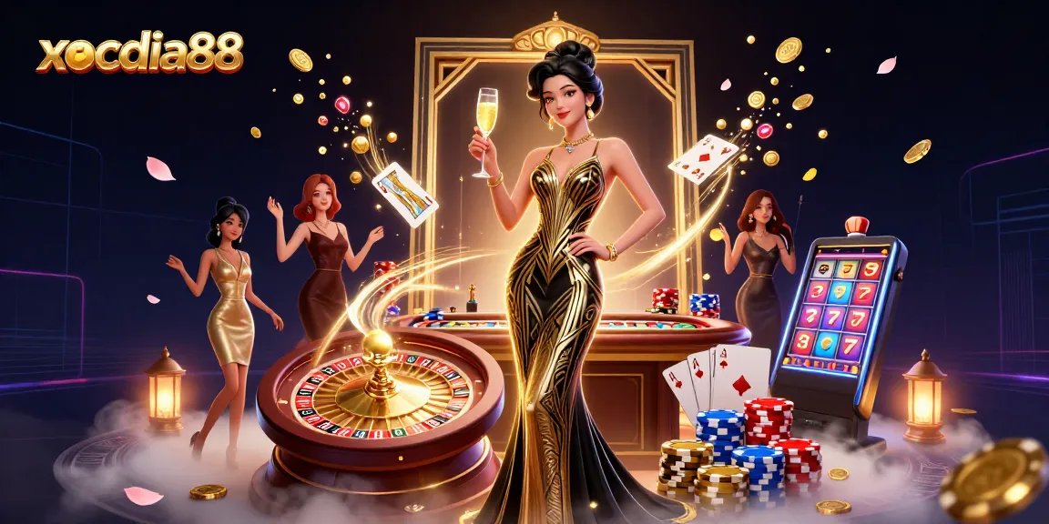Xocdia88 showcases a luxurious casino experience with an elegant Asian woman and glamorous gaming elements.
