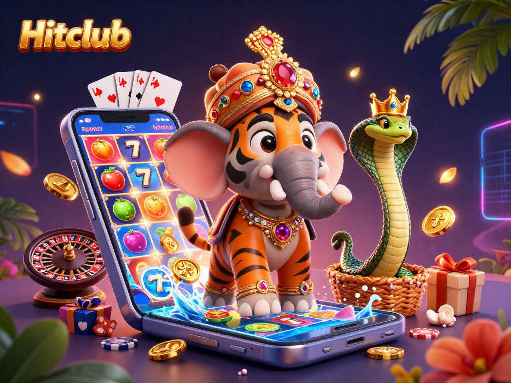 Hitclub captivates players with a vibrant 3D illustration of a maharaja tiger, treasure, and casino elements.