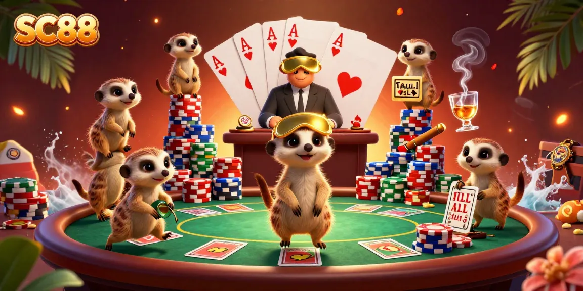 Engage in thrilling poker action at SC88 with playful meerkats as dealers and pit bosses in a vibrant casino