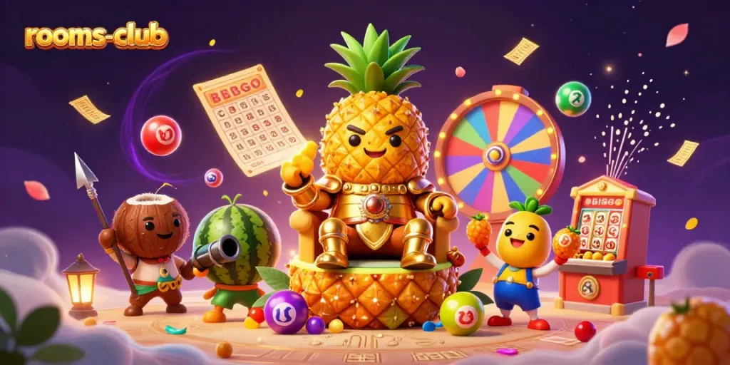 Menangkan hadiah luar biasa di rooms-club dengan raja nanas emas dan elemen permainan yang kaya.