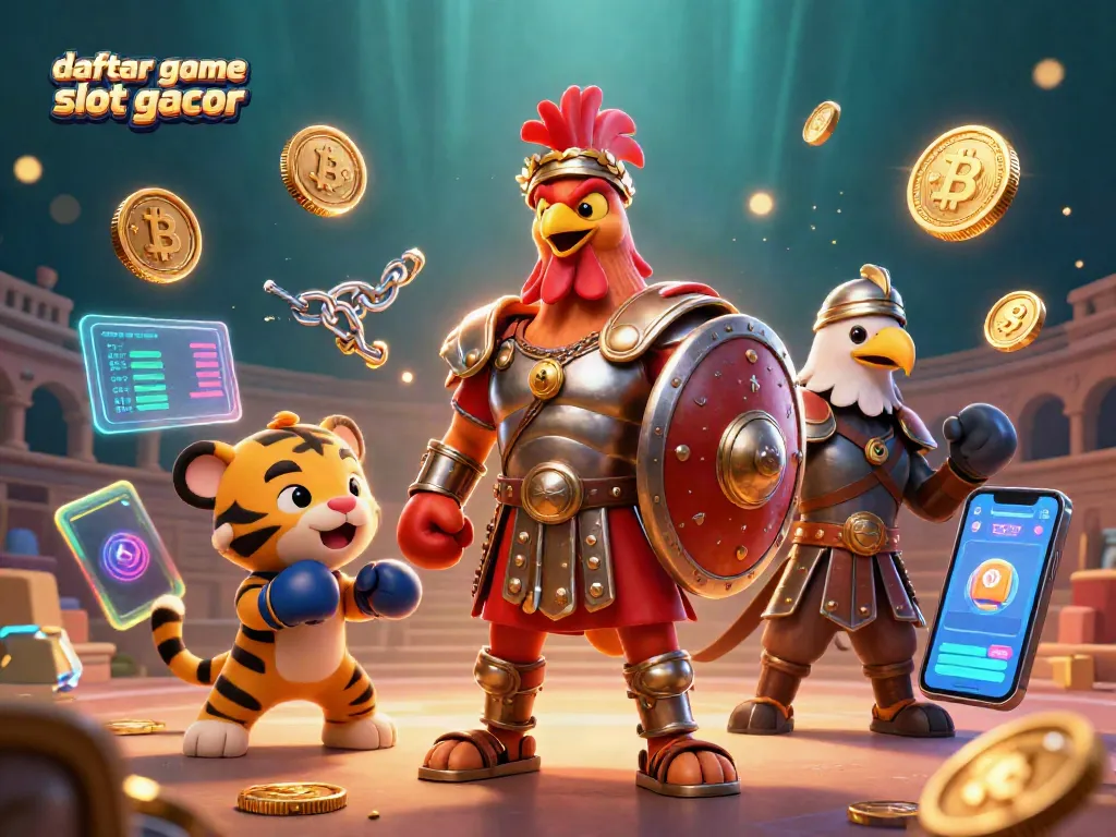 Mengungkap daftar game slot gacor dengan kartun gladiator berani dan elemen kasino digital di arena pertarungan.