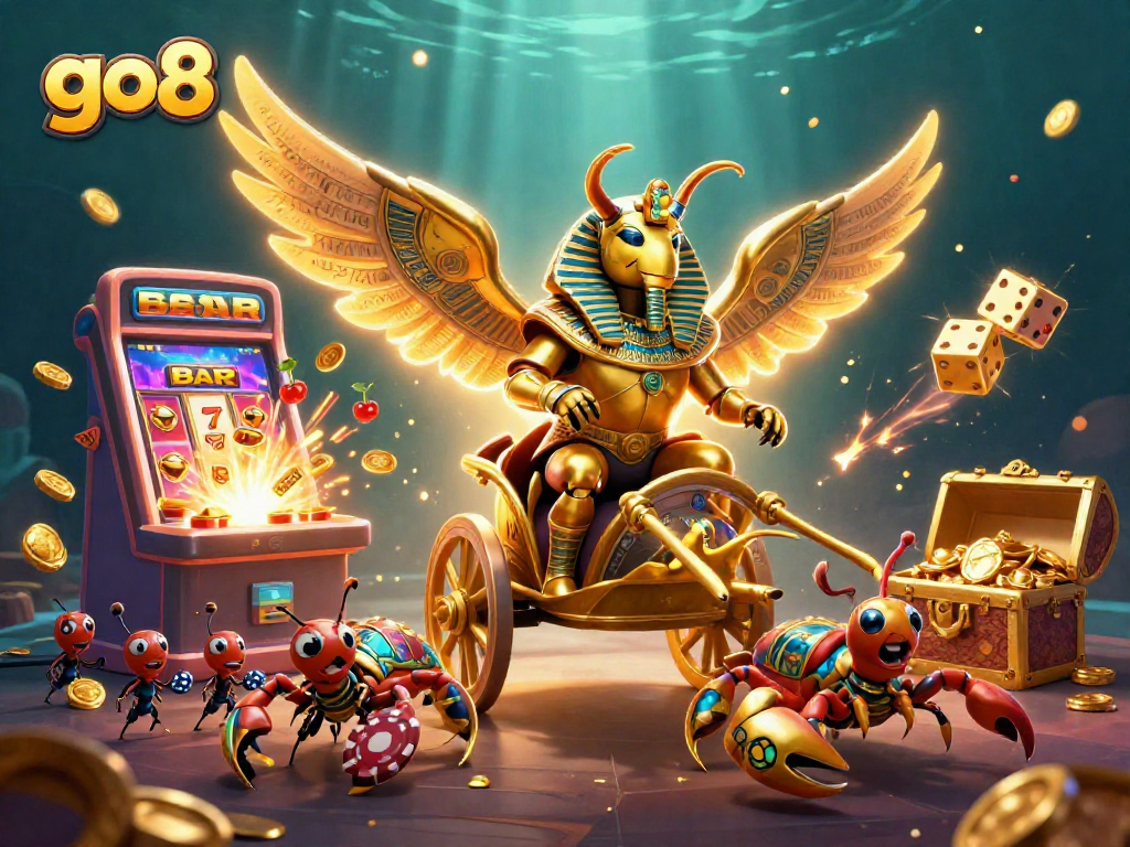 Spin the reels at go8 casino with a vibrant fantasy illustration showcasing thrilling gaming elements.