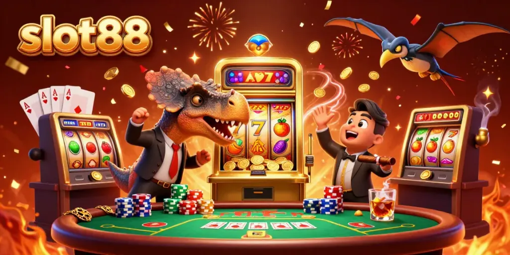 Permainan slot88 dengan dinosaur kartun yang menarik jackpot di mesin slot.