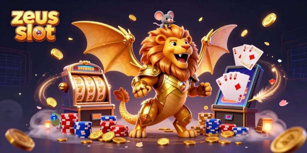 Menggali keseruan zeus slot dengan makhluk chimera dan simbol keberuntungan dalam ilustrasi kasino.