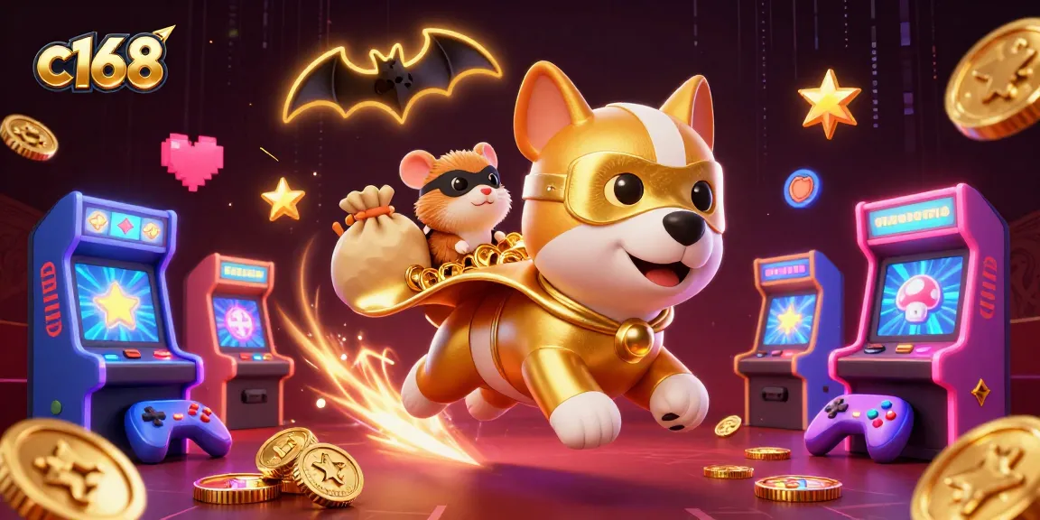 C168 gaming mascot, a superhero dog with a golden cape and bag of coins, exuding casino excitement.