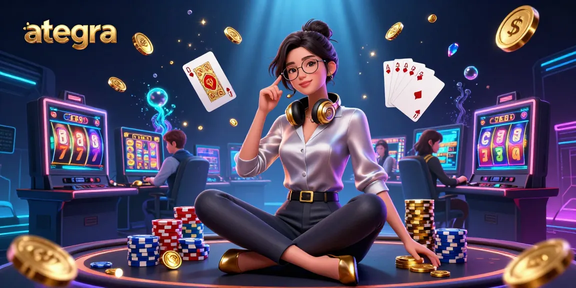 Alegra slots games showcase with Asian woman gamer surrounded by golden coins and sparkling gems.